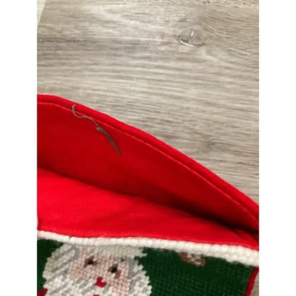 Vintage Needlepoint Santa Christmas Stocking Green Red 17